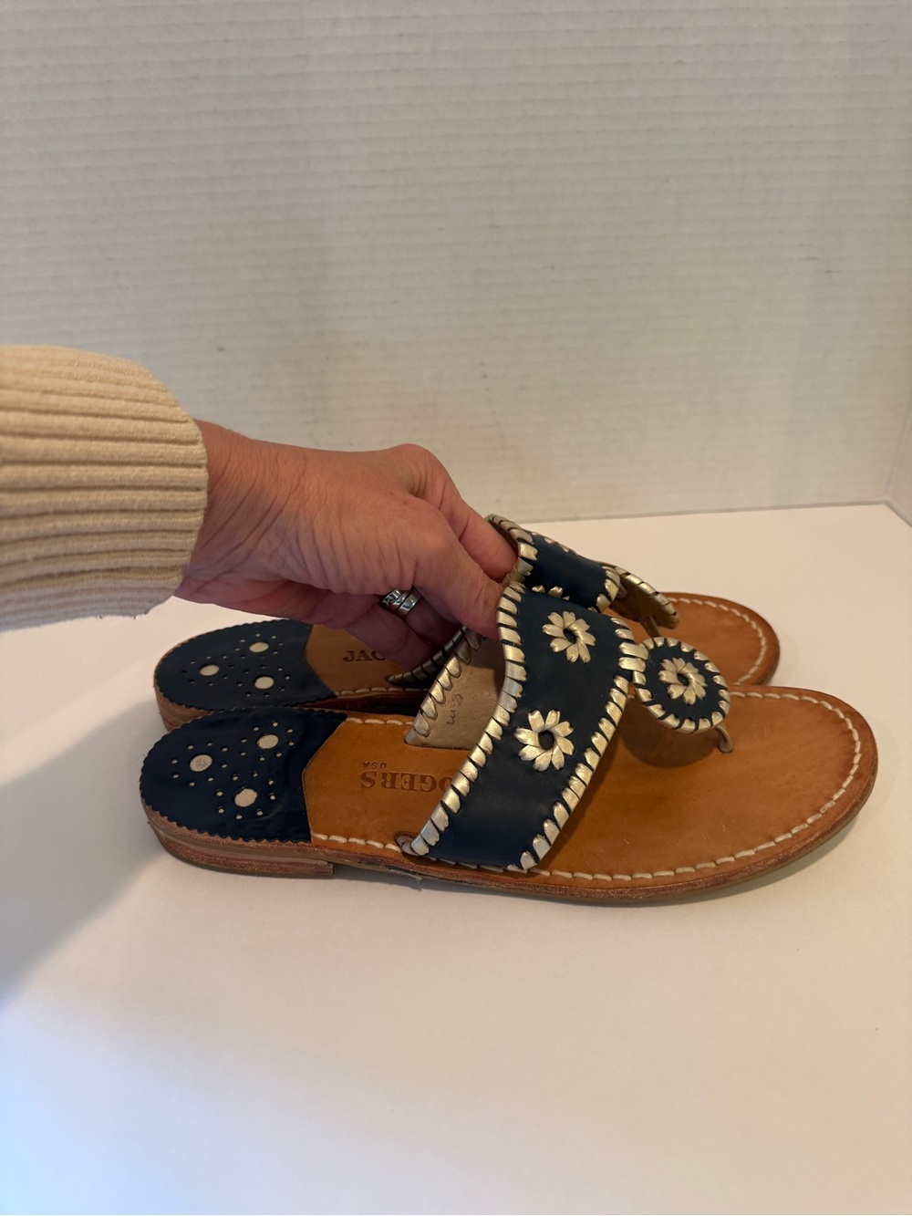 Jack Rogers Navy Leather Sandals with White Whipstitch & Medallion